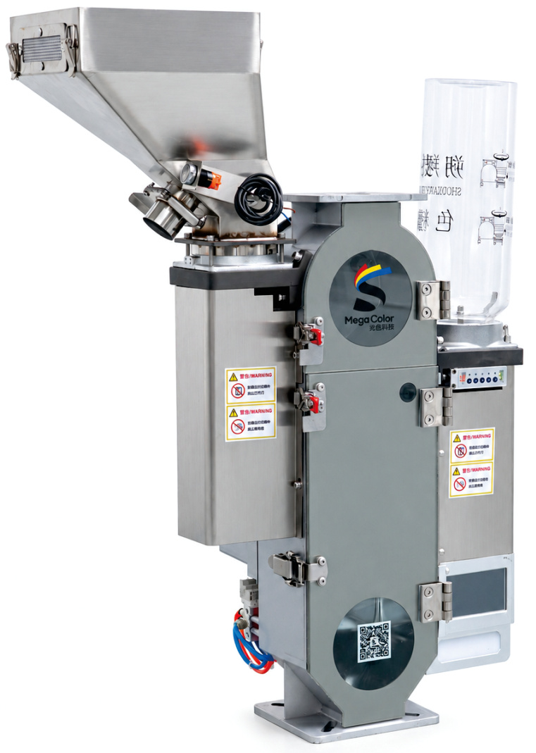 MegaColor 5th Generation dual-material color powder dosing machine with two metering chambers, front view